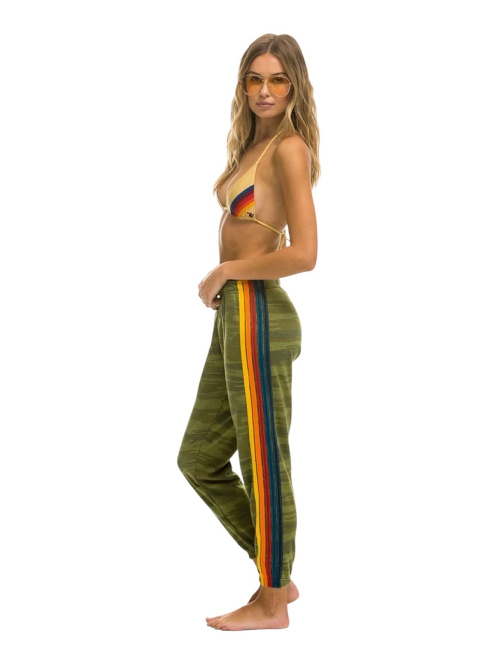 Aviator Nation Olive Green Camo Joggers with Multicolor Rainbow Side Stripes S